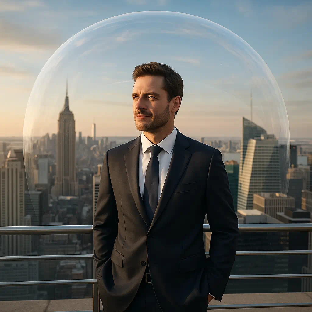 Businessman in Manhattan protected by invisible shield symbolizing discreet alibi service in New York