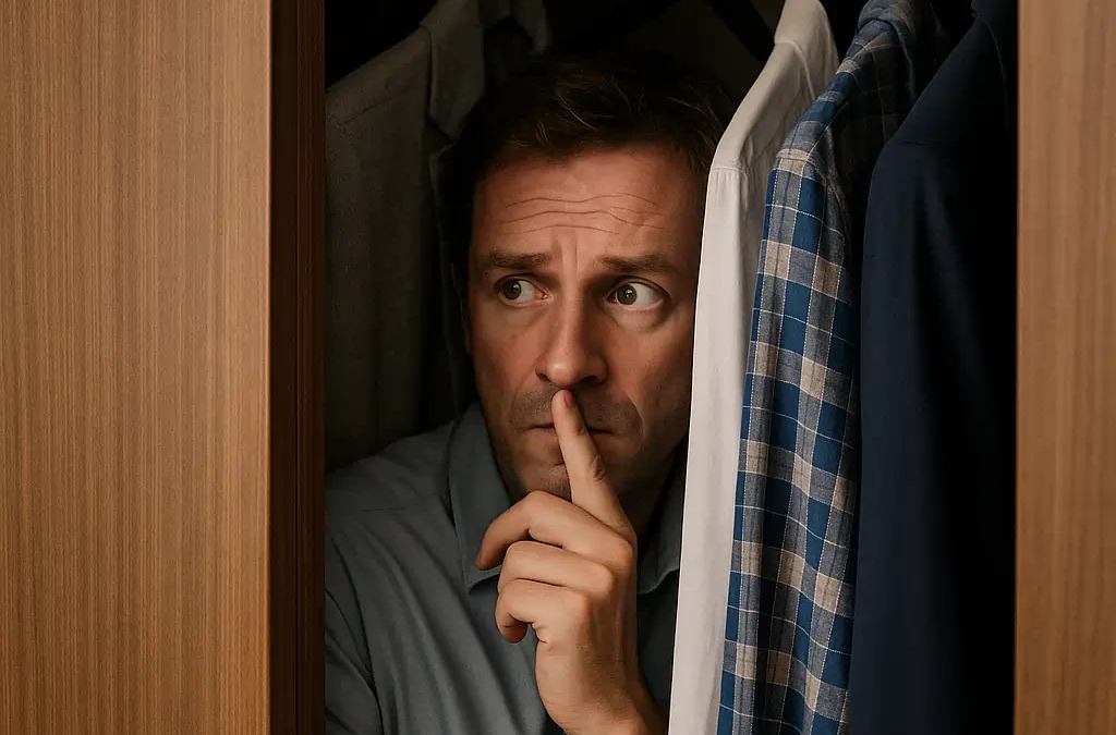 Man hiding nervously in a wardrobe symbolizing that believable excuses for an affair fail without a professional alibi service.