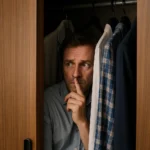 Man hiding nervously in a wardrobe symbolizing that believable excuses for an affair fail without a professional alibi service.