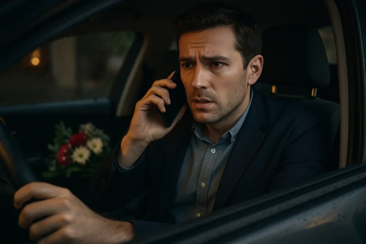 Nervous man on phone in car with bouquet on back seat symbolizing fragile traffic excuses in secret affairs.