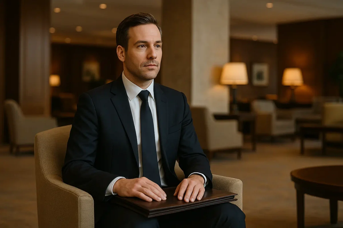 Confident businessman with portfolio sitting in hotel lobby, symbolizing credibility and why people hire the Alibi Agency.