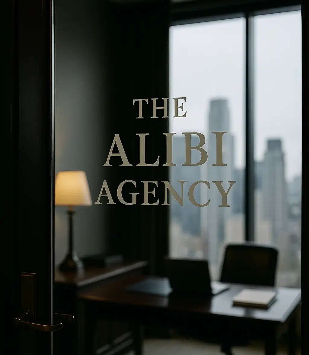 Elegant office entrance in New York with The Alibi Agency logo on glass door symbolizing discreet professional alibi service