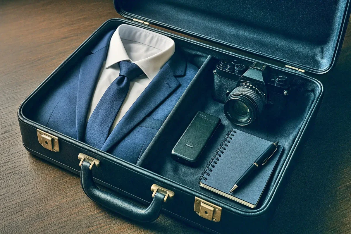 Unconventional Jobs USA: Open suitcase with formal business attire on one side and covert surveillance equipment on the other.