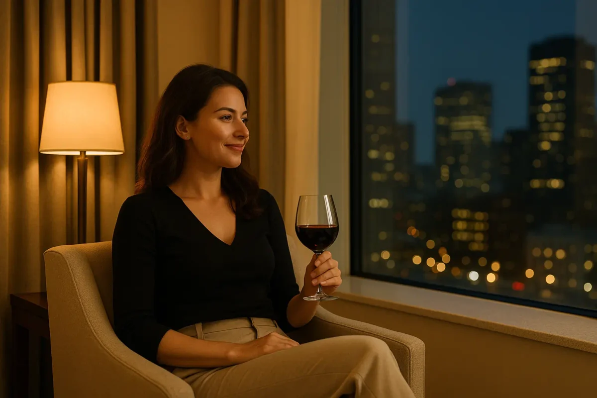 Relaxed woman with a glass of wine by hotel window overlooking city skyline symbolizing freedom and discretion with a professional alibi service.